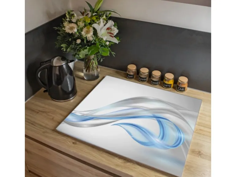 Banjado Herdabdeckplatte Glas 1 Teilig 60x52CM Schneidebrett Herdabdeckung Mit Motiv Blauer Schleier