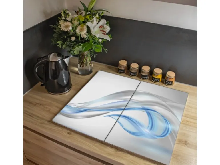 Banjado Herdabdeckplatte Glas 2 Teilig Je 30x52CM Schneidebrett Herdabdeckung Mit Motiv Blauer Schleier