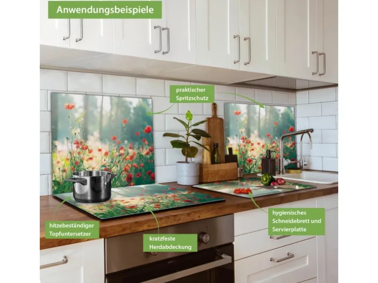 Banjado Herdabdeckplatte Glas 1 Teilig 60x52CM Schneidebrett Herdabdeckung Mit Motiv Waldmohn