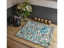 Banjado Herdabdeckplatte Glas 1 Teilig 60x52CM Schneidebrett Herdabdeckung Mit Motiv Mosaik Blau
