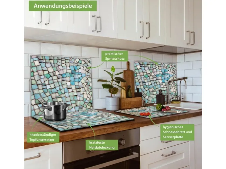 Banjado Herdabdeckplatte Glas 1 Teilig 60x52CM Schneidebrett Herdabdeckung Mit Motiv Mosaik Blau