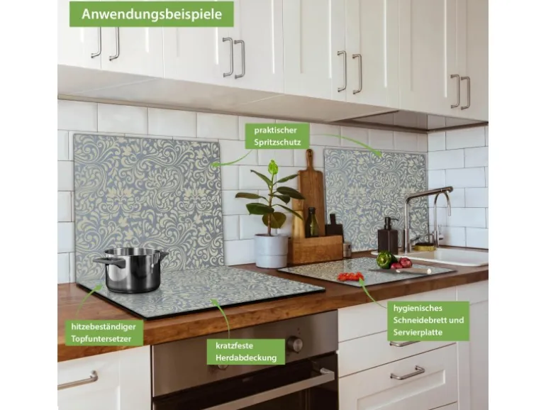 Banjado Herdabdeckplatte Glas 1 Teilig 60x52CM Schneidebrett Herdabdeckung Mit Motiv Blaues Ornament