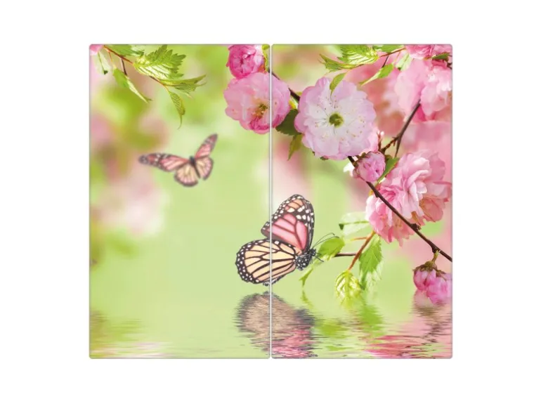 Banjado Herdabdeckplatte Glas 2 Teilig Je 30x52CM Schneidebrett Herdabdeckung Mit Motiv Japanische Kirschblüte