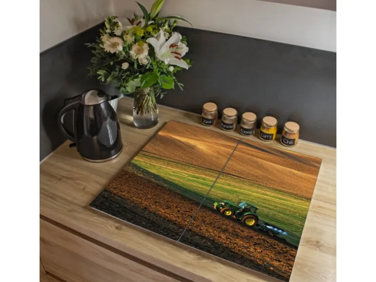 Banjado Herdabdeckplatte Glas 2 Teilig Je 30x52CM Schneidebrett Herdabdeckung Mit Motiv Pflügen