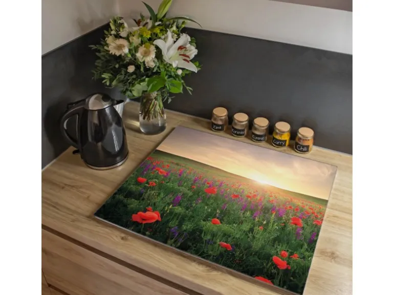 Banjado Herdabdeckplatte Glas 1 Teilig 60x52CM Schneidebrett Herdabdeckung Mit Motiv Sommerfeld