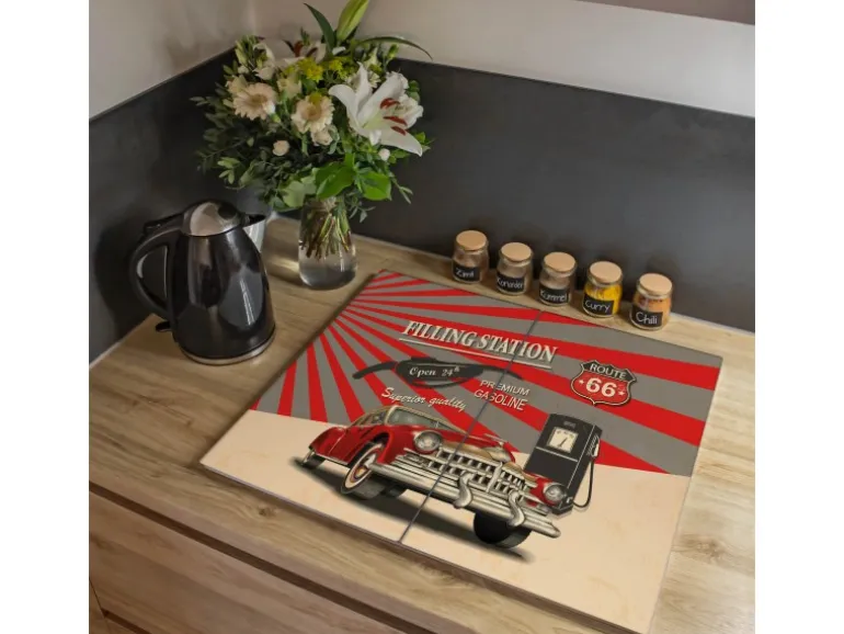 Banjado Herdabdeckplatte Glas 2 Teilig Je 30x52CM Schneidebrett Herdabdeckung Mit Motiv Filling Station