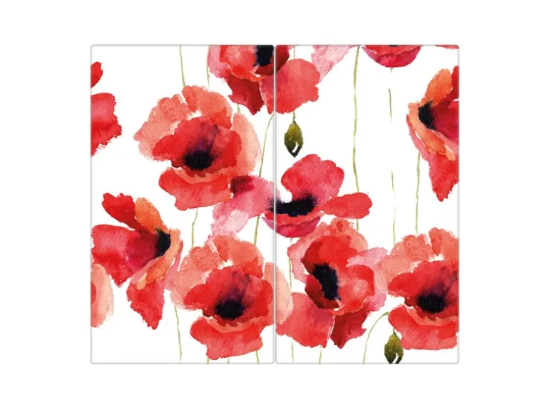 Banjado Herdabdeckplatte Glas 2 Teilig Je 30x52CM Schneidebrett Herdabdeckung Mit Motiv Mohn Aquarell