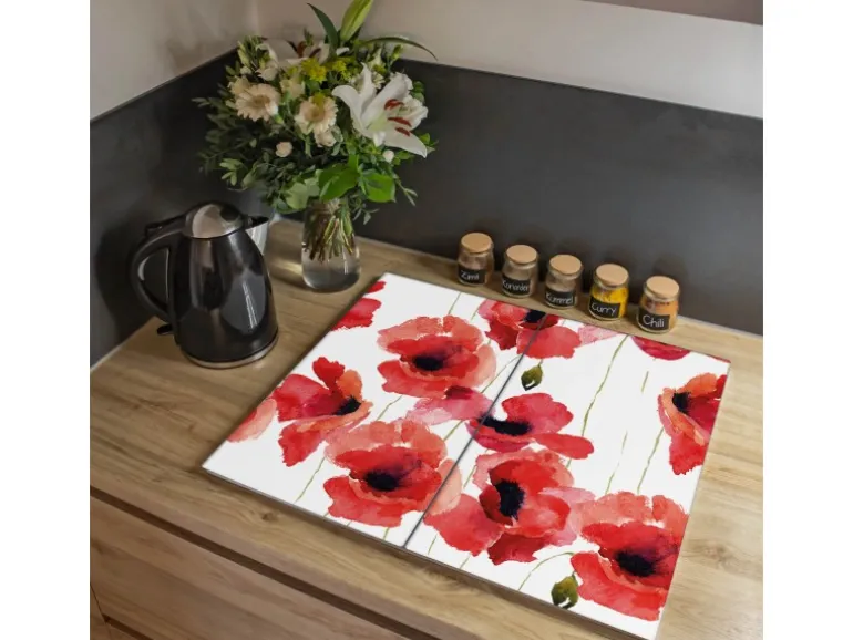 Banjado Herdabdeckplatte Glas 2 Teilig Je 30x52CM Schneidebrett Herdabdeckung Mit Motiv Mohn Aquarell