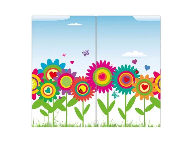 Banjado Herdabdeckplatte Glas 2 Teilig Je 30x52CM Schneidebrett Herdabdeckung Mit Motiv Bunte Blumen