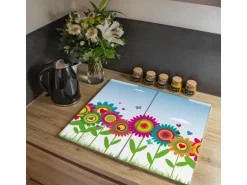 Banjado Herdabdeckplatte Glas 2 Teilig Je 30x52CM Schneidebrett Herdabdeckung Mit Motiv Bunte Blumen