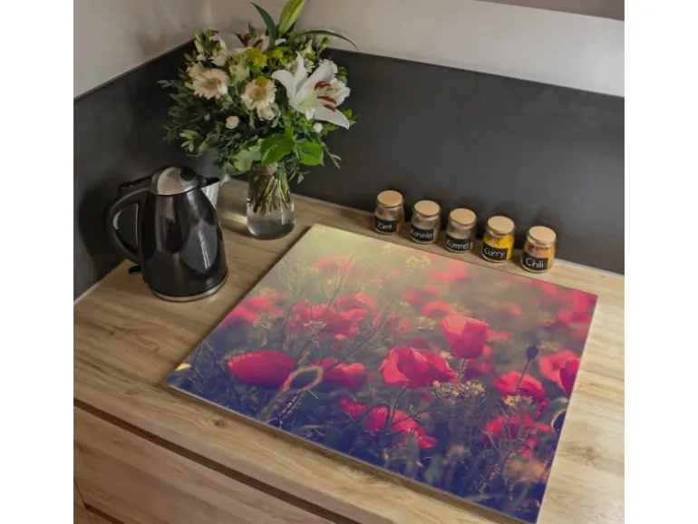 Banjado Herdabdeckplatte Glas 1 Teilig 60x52CM Schneidebrett Herdabdeckung Mit Motiv Mohn