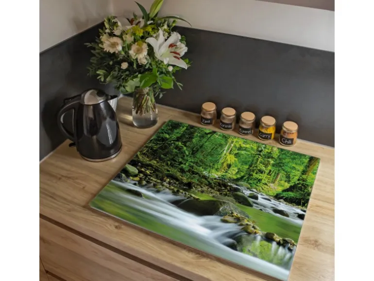 Banjado Herdabdeckplatte Glas 1 Teilig 60x52CM Schneidebrett Herdabdeckung Mit Motiv Rauschender Bach