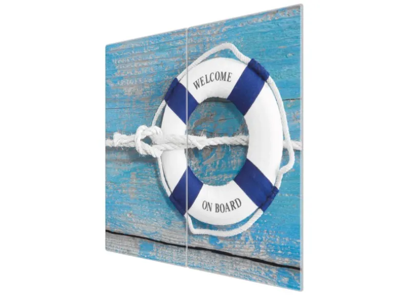 Banjado Herdabdeckplatte Glas 2 Teilig Je 30x52CM Schneidebrett Herdabdeckung Mit Motiv Blauer Rettungsring