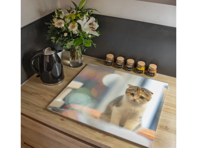 Banjado Herdabdeckplatte Glas 1 Teilig 60x52CM Schneidebrett Herdabdeckung Mit Motiv Kleine Katze