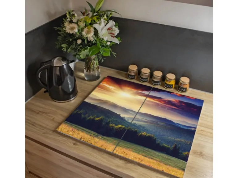 Banjado Herdabdeckplatte Glas 2 Teilig Je 30x52CM Schneidebrett Herdabdeckung Mit Motiv Karpaten Sonnenuntergang