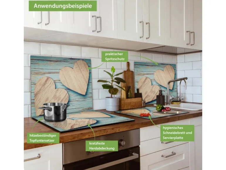 Banjado Herdabdeckplatte Glas 1 Teilig 60x52CM Schneidebrett Herdabdeckung Mit Motiv Holz Herzen