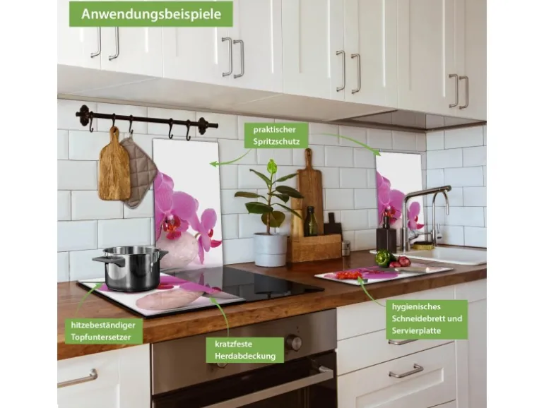 Banjado Herdabdeckplatte Glas 2 Teilig Je 30x52CM Schneidebrett Herdabdeckung Mit Motiv Orchidee
