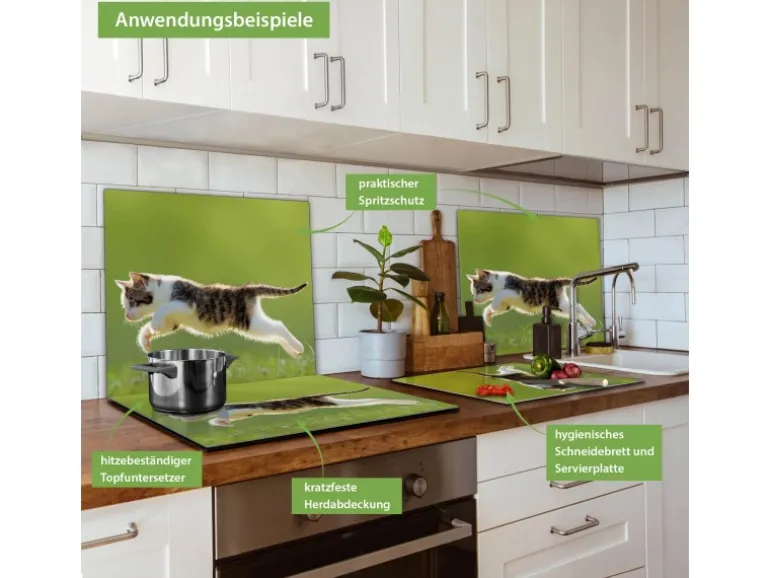 Banjado Herdabdeckplatte Glas 1 Teilig 60x52CM Schneidebrett Herdabdeckung Mit Motiv Jagende Katze