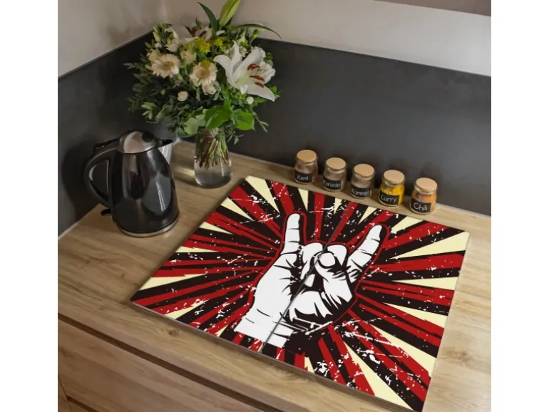 Banjado Herdabdeckplatte Glas 2 Teilig Je 30x52CM Schneidebrett Herdabdeckung Mit Motiv Rock On