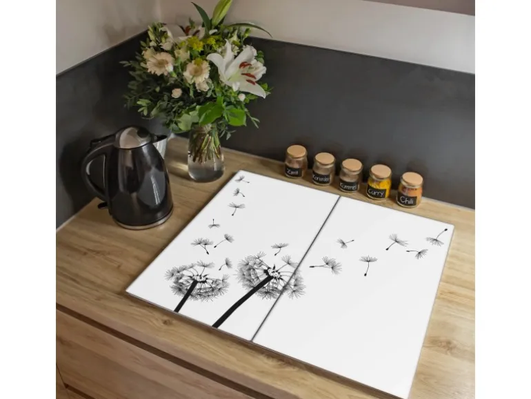 Banjado Herdabdeckplatte Glas 2 Teilig Je 30x52CM Schneidebrett Herdabdeckung Mit Motiv Pusteblume 2