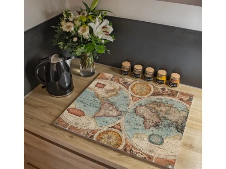 Banjado Herdabdeckplatte Glas 1 Teilig 60x52CM Schneidebrett Herdabdeckung Mit Motiv Historische Weltkarte