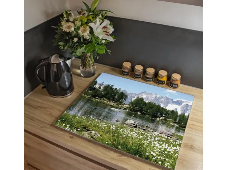 Banjado Herdabdeckplatte Glas 1 Teilig 60x52CM Schneidebrett Herdabdeckung Mit Motiv Bergidylle