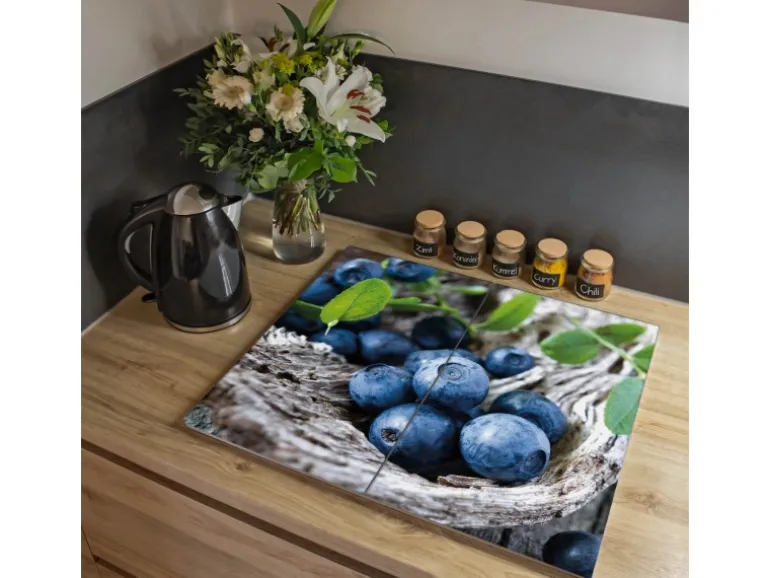 Banjado Herdabdeckplatte Glas 2 Teilig Je 30x52CM Schneidebrett Herdabdeckung Mit Motiv Blaubeeren