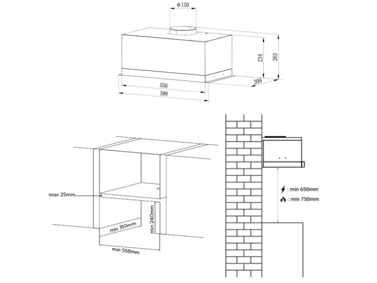 CIARRA Dunstabzugshaube A+++ 650 m³/h 60 cm 3 Stufen Unterbau VMS6926A