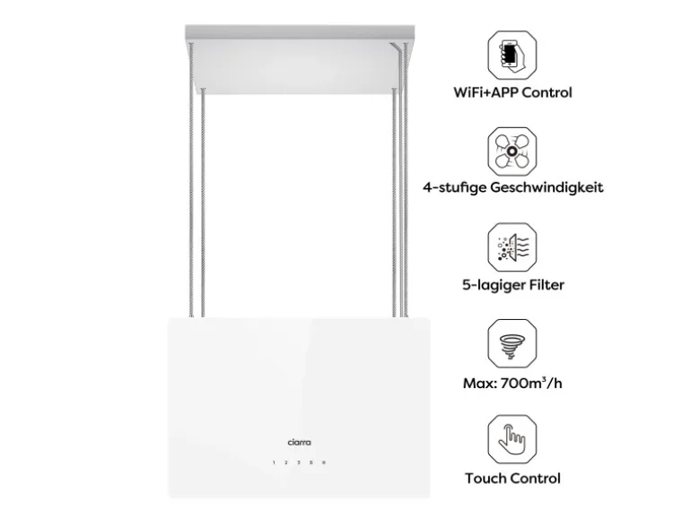 CIARRA Dunstabzugshaube A+++ 700 m³/h WIFI APP & Touch-Bedienung Inselhaube VM4850S
