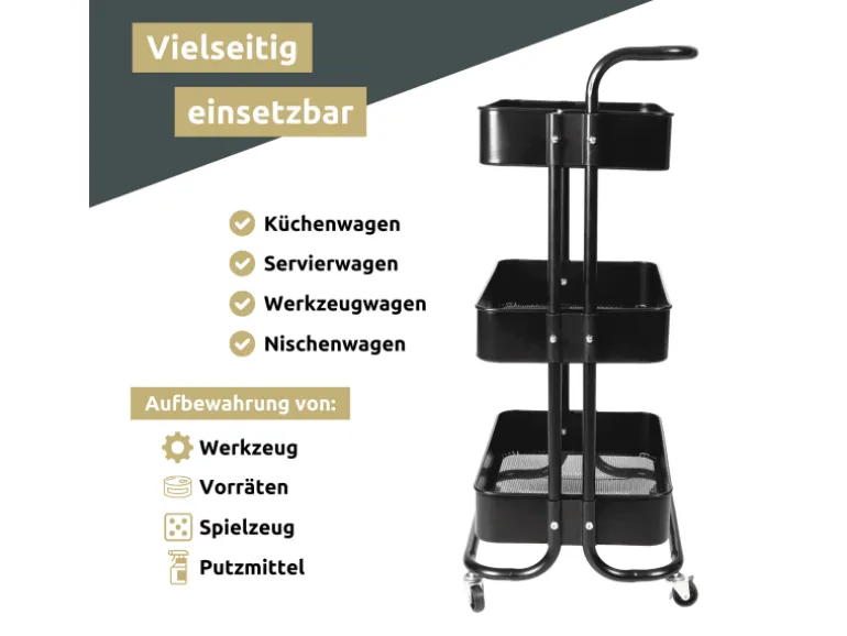 deluxe4home Rollwagen mit 3 Ablagen