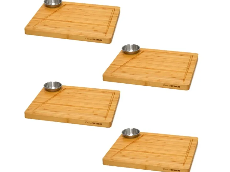 DuneDesign 4er Set Schneidebrett aus Bambus 30 x 25 cm mit Dipschale
