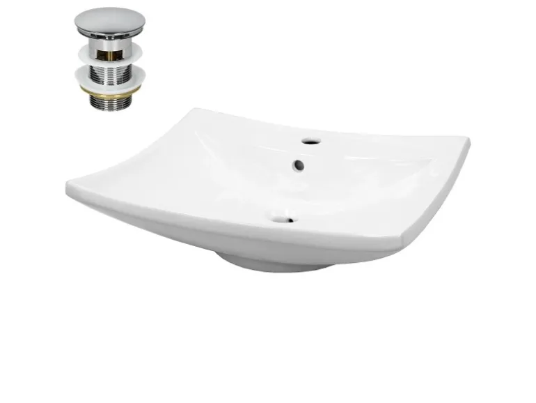 ECD Germany Waschbecken 605x460x165 mm Keramik inkl Ablaufgarnitur mit Überlauf