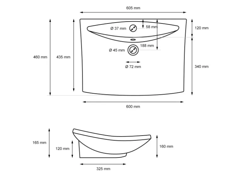 ECD Germany Waschbecken 605x460x165 mm Keramik inkl Ablaufgarnitur mit Überlauf