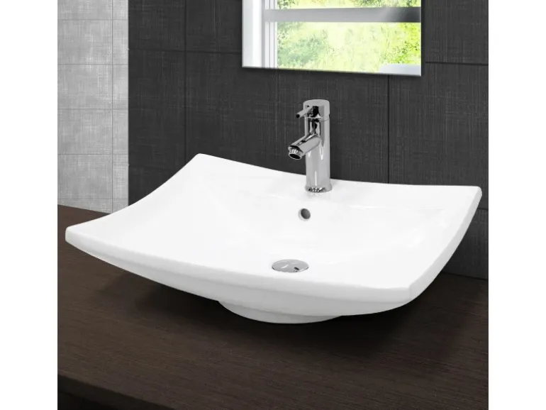 ECD Germany Waschbecken 605x460x165 mm Keramik inkl Ablaufgarnitur mit Überlauf