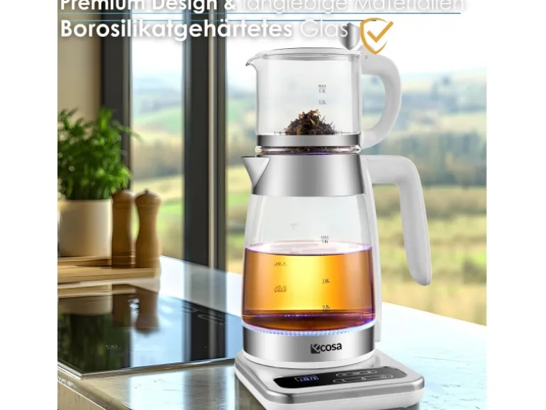 Ecosa EO-695 Teekocher mit Temperatureinstellung BPA-Frei 1,8L 2200 Watt Weiß