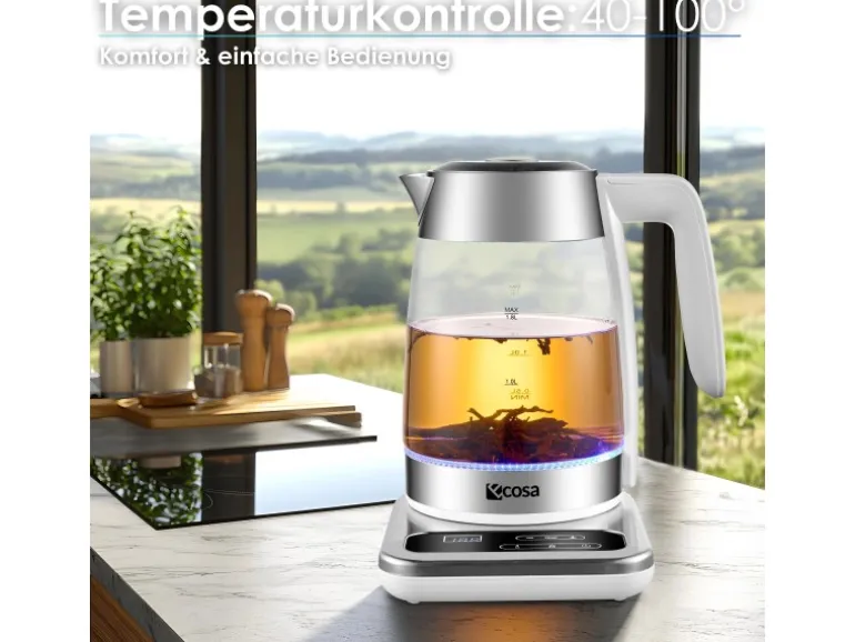 Ecosa EO-695 Teekocher mit Temperatureinstellung BPA-Frei 1,8L 2200 Watt Weiß