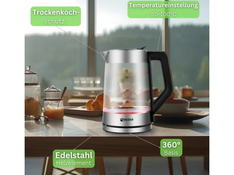 Ecosa EO-660 Wasserkocher mit Temperatureinstellung Easy Fill Deckel 1,7 L