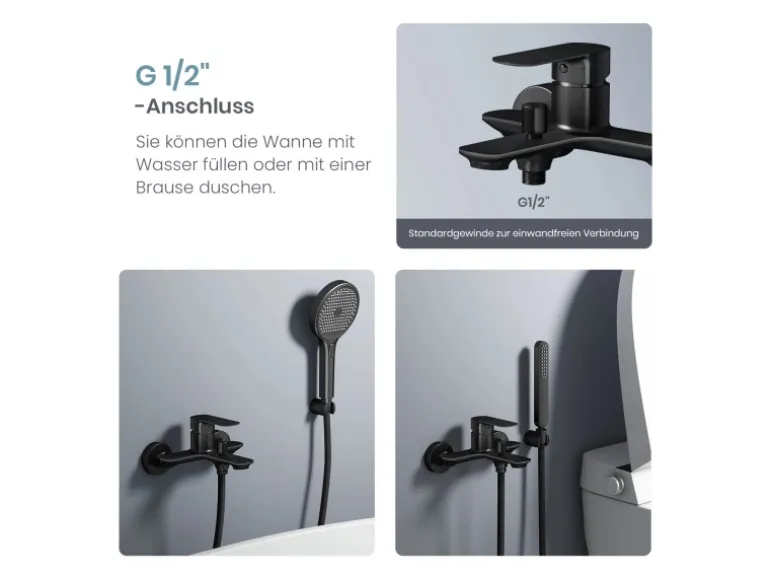 Emke Badarmatur für Badewannen Schwarz mit Auslauf Wannenarmatur Einhebelmischer Brausebatterie