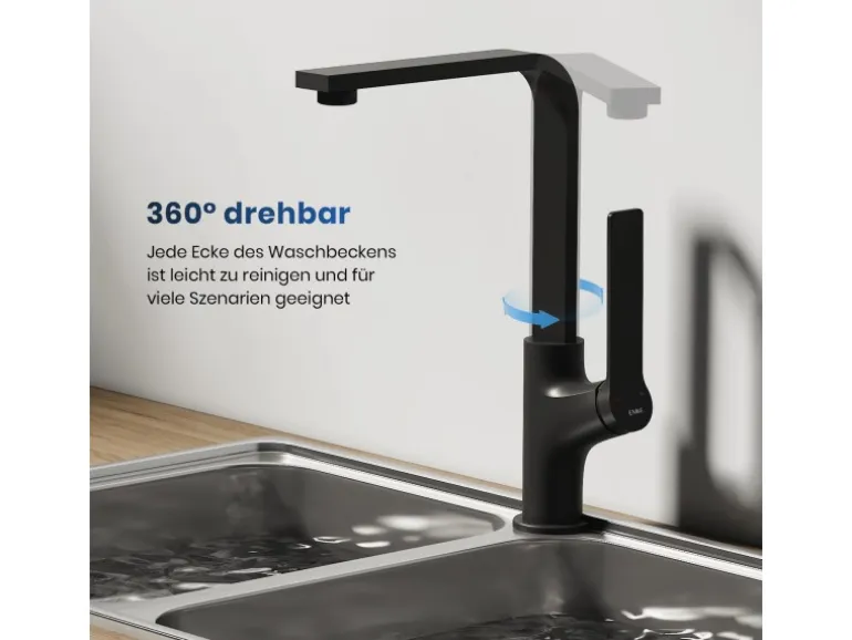 Emke Küchenarmatur Schwarz Matt im Ultradünnen Design 30x22x10 cm Küchenarmatur Drehbar Wasserhahn