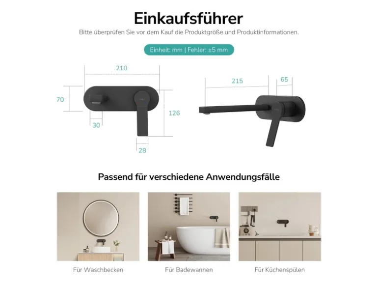 Emke Wand Waschtischarmatur Inklusive Grundkörper 288 x 210 x 70 mm Schwarz Mischbatterie für Waschbecken