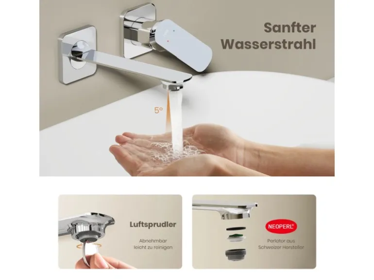 Emke Wand Waschtischarmatur Inklusive Grundkörper 233 x 127 x 110 mm Verchromt Mischbatterie für Waschbecken