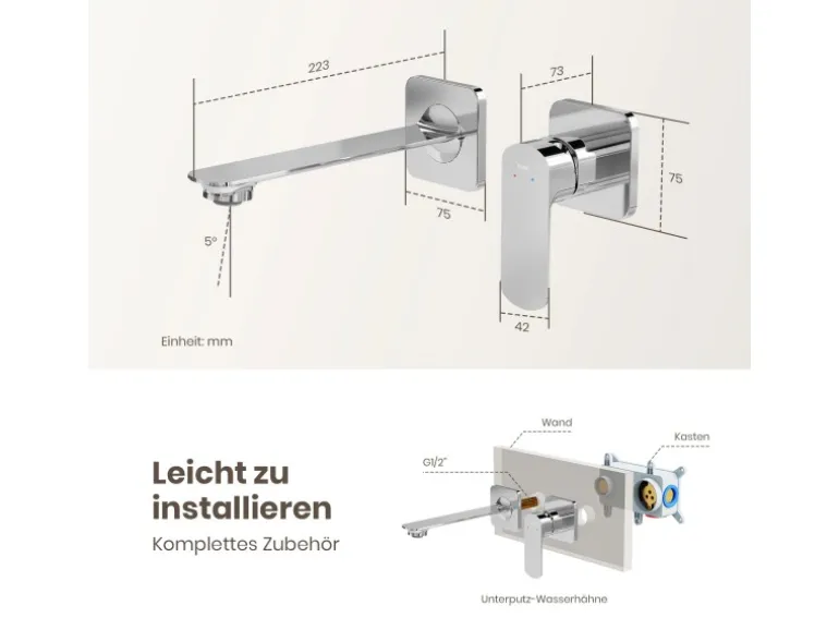 Emke Wand Waschtischarmatur Inklusive Grundkörper 233 x 127 x 110 mm Verchromt Mischbatterie für Waschbecken