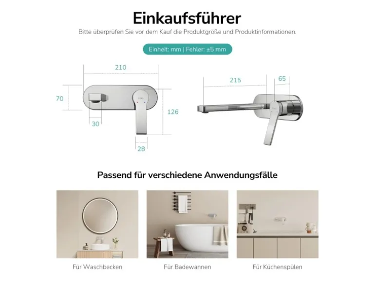 Emke Wand Waschtischarmatur Inklusive Grundkörper 288 x 210 x 70 mm Verchromt Mischbatterie für Waschbecken