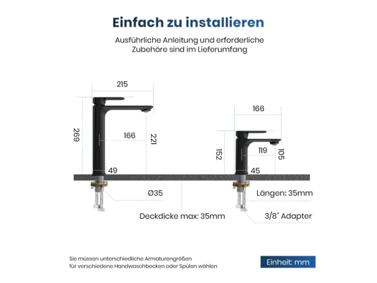 Emke Wasserhahn Bad 166 x 152 x 45 mm Schwarz Matt Waschtischarmatur Mischbatterie Waschbecken