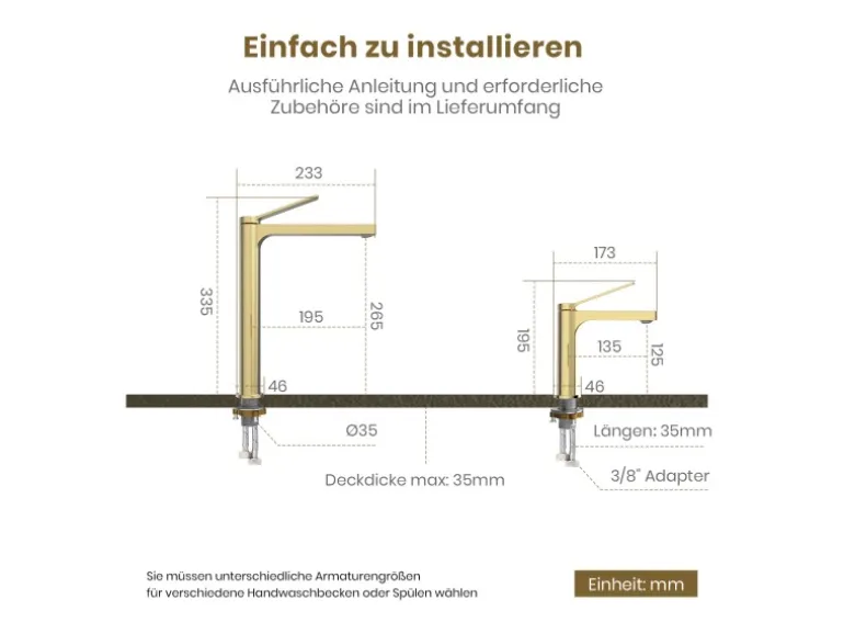 Emke Wasserhahn Waschbeckenarmaturen 195 x 173 x 46 mm Champagnergold Mischbatterie Küchenarmatur mit Luftsprudler