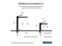 Emke Wasserhahn Waschbeckenarmaturen 335 x 233 x 46 mm Schwarz Mischbatterie Küchenarmatur mit Luftsprudler