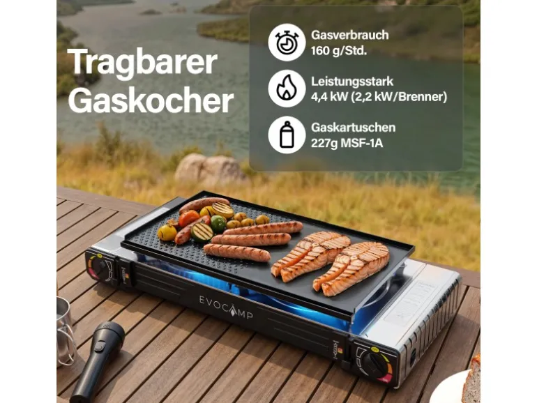 Evocamp Camping Gaskocher 2-Flammig mit Grillaufsatz 45 cm und 2 227 g Gaskartuschen MSF-1a