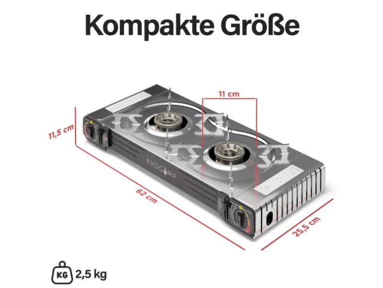 Evocamp Camping Gaskocher 2-Flammig mit Grillaufsatz 45 cm und 2 227 g Gaskartuschen MSF-1a