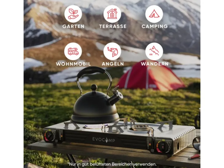 Evocamp Camping Gaskocher 2-Flammig mit Grillaufsatz 45 cm und 2 227 g Gaskartuschen MSF-1a