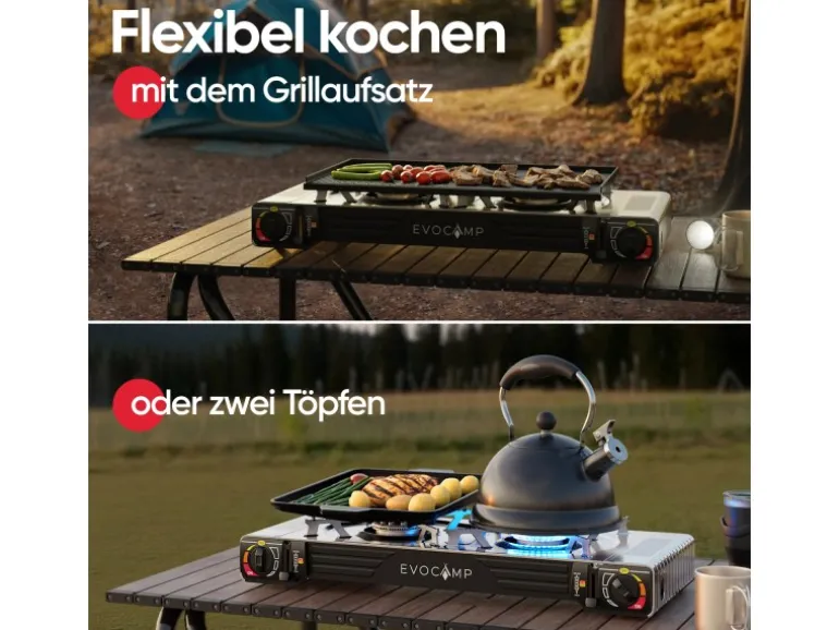 Evocamp Camping Gaskocher 2-Flammig mit Grillaufsatz 45 cm und 2 227 g Gaskartuschen MSF-1a
